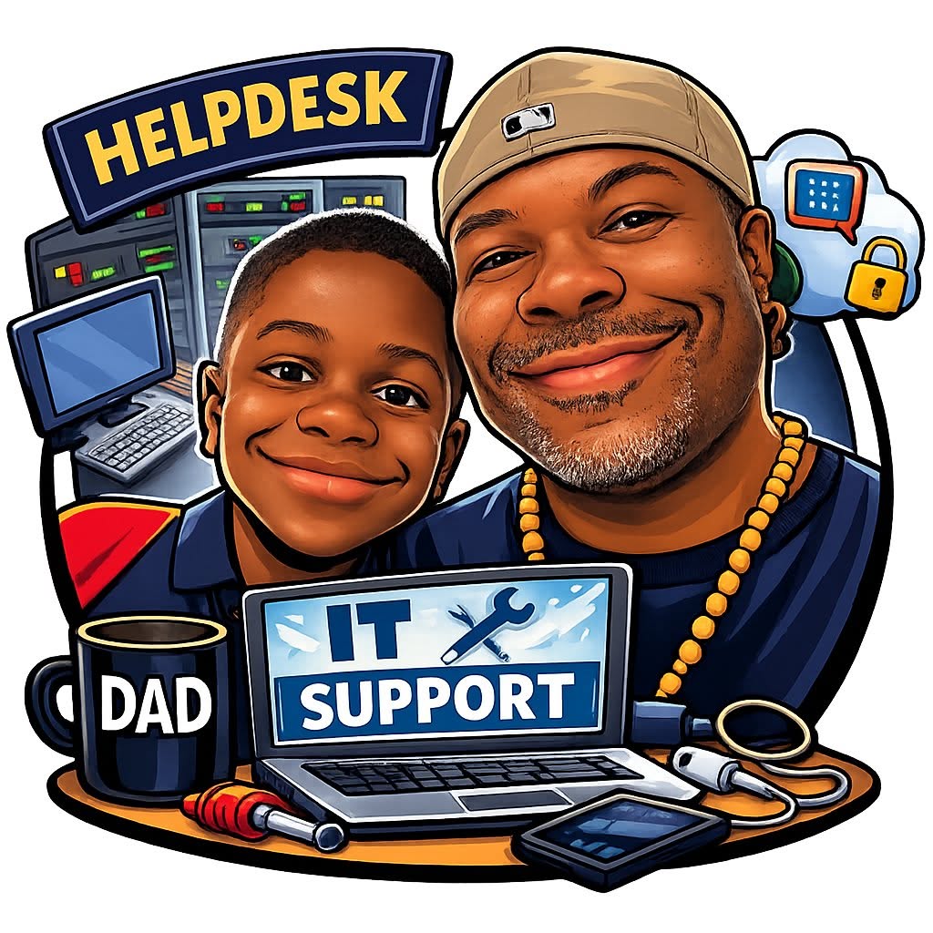 Louis Starks and his son in an illustrated IT support portrait